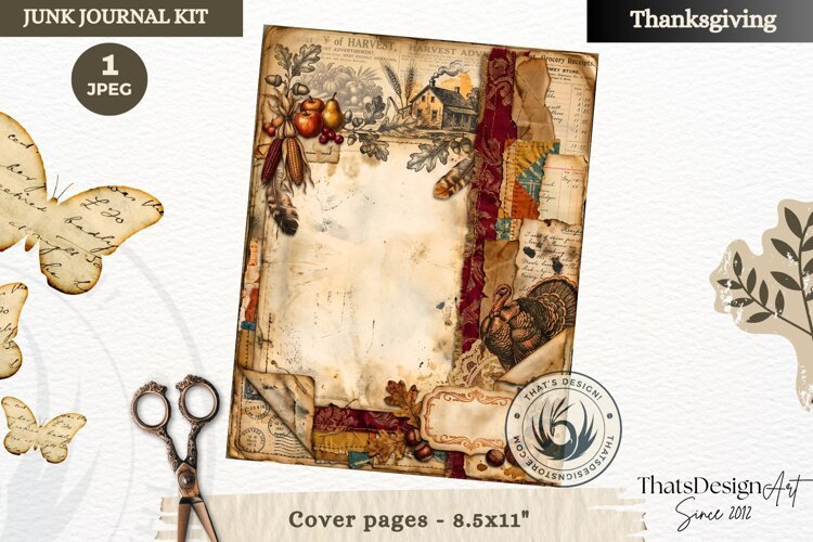 Vintage Thanksgiving Junk Journal cover page collage example image 1