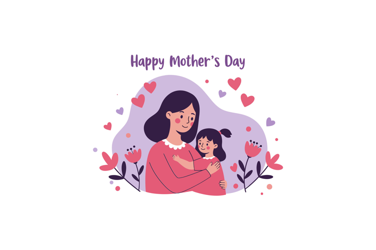 A loving mother embracing her young daughter in a colorful,