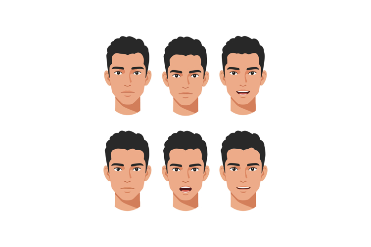 Six diverse facial expressions of a young man illustrated in