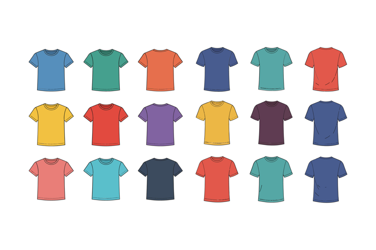 Colorful collection of flat-designed t-shirts arranged in a