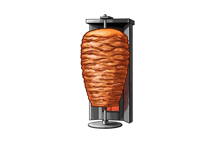 A detailed and vibrant depiction of a cooking shawarma on a