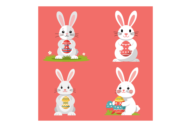 Four adorable bunnies holding colorful Easter eggs in a chee