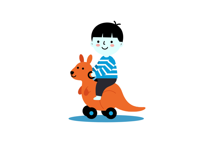 A cheerful boy riding a playful kangaroo in a colorful flat