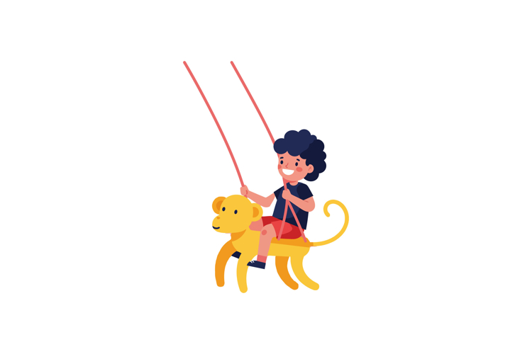 A joyful child riding a playful lion in a flat, colorful vec