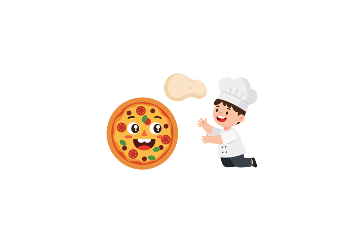 A cheerful boy in a chef hat joyfully tossing pizza dough wh example image 1