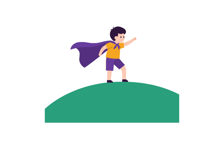Boy in a yellow shirt and purple shorts stands confidently o