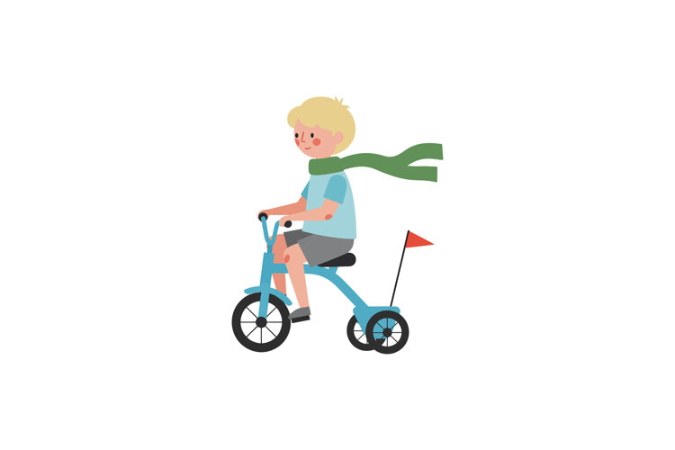 Young boy riding a blue tricycle with a green scarf waving i example image 1