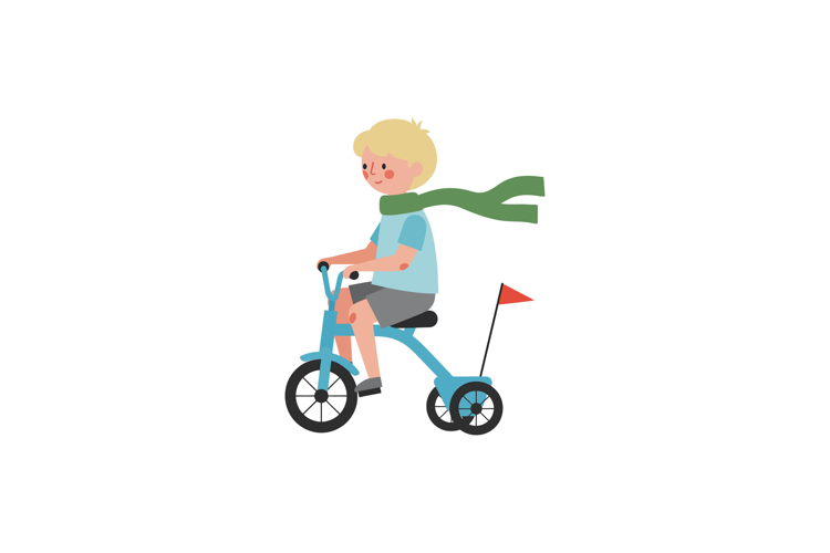 Young boy riding a blue tricycle with a green scarf waving i