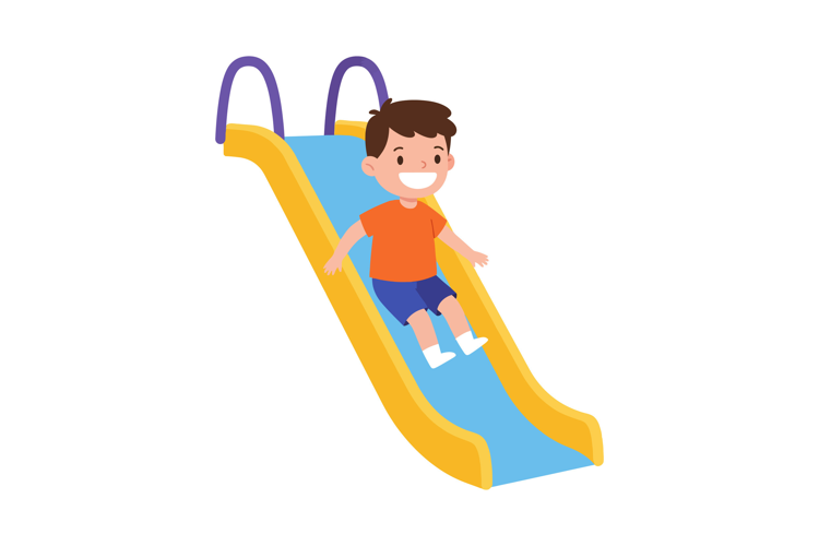 Happy boy sliding down a colorful slide in a playful flat ve