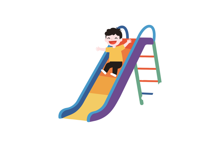 Child joyfully sliding down a colorful playground slide in f