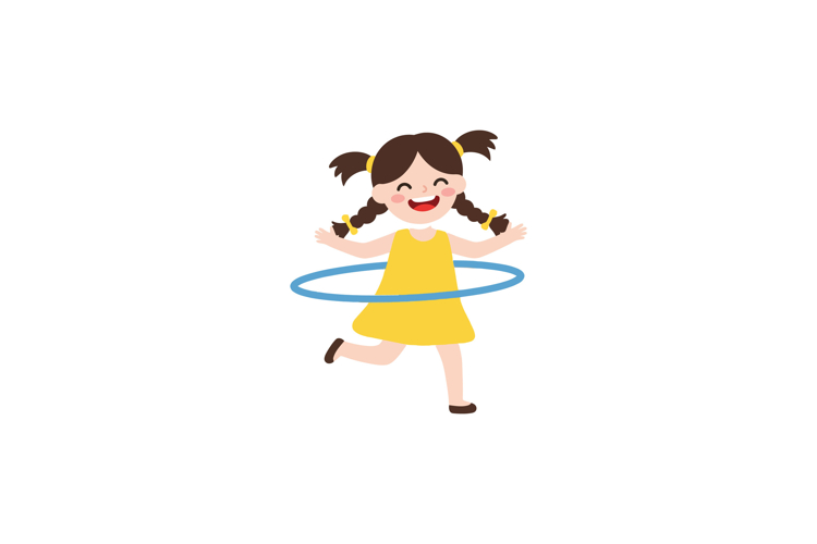 Happy girl in yellow dress joyfully hula hooping in flat vec