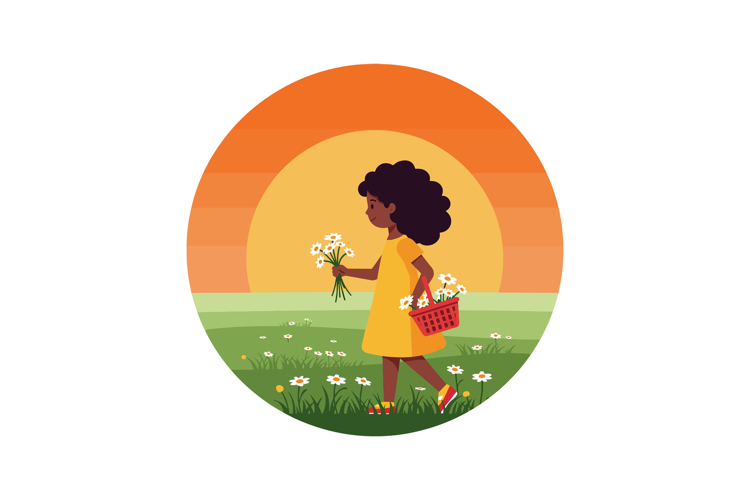 A young girl in a yellow dress joyfully picking flowers in a