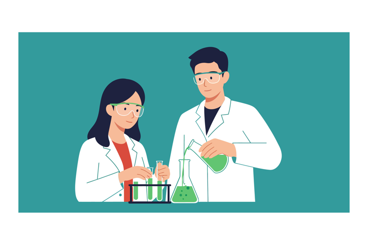 Scientists conducting experiments with test tubes and beaker