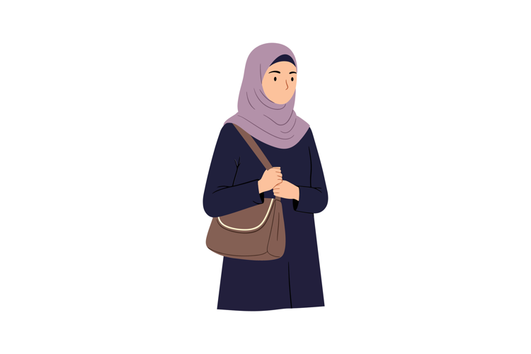 Woman wearing a hijab with a bag in a minimal flat design ve