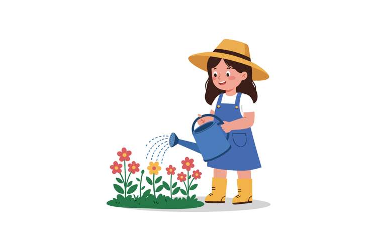 Girl in blue dress watering colorful flowers in a minimal an