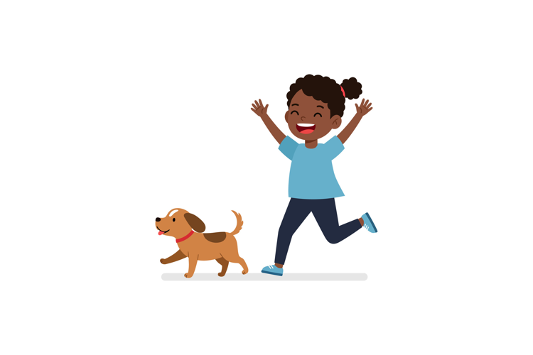 Happy child running joyfully with playful dog in vibrant col