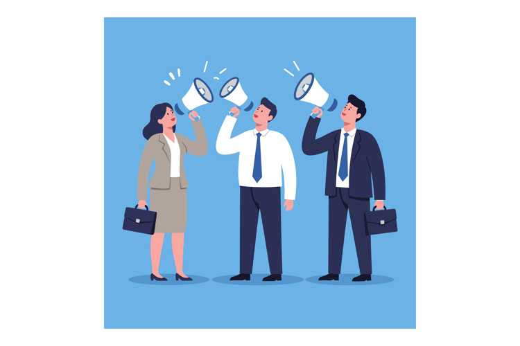 Engaging business professionals communicating with megaphone