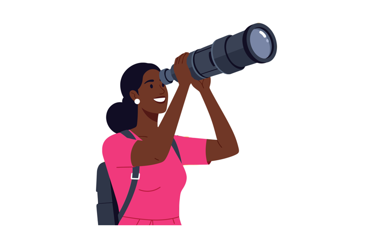 Woman observing through a telescope in a vibrant pink outfit