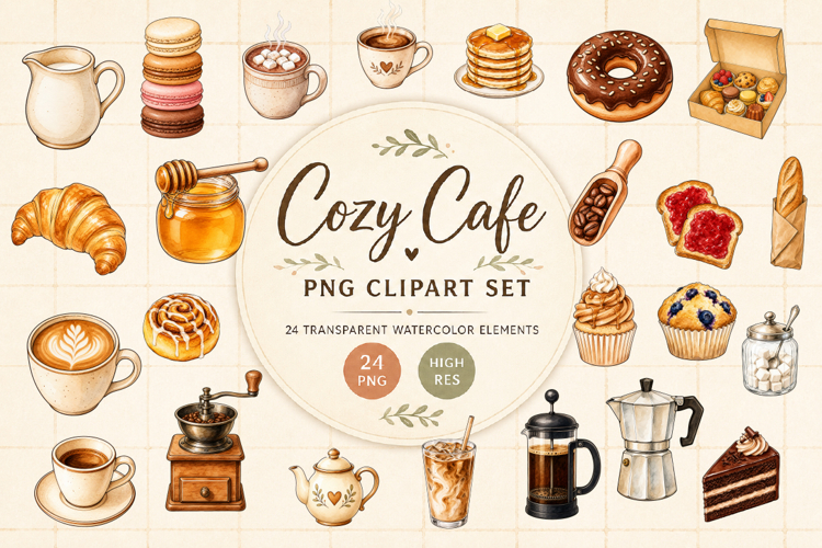 Cozy Cafe Clipart PNG, Watercolor Coffee & Bakery
