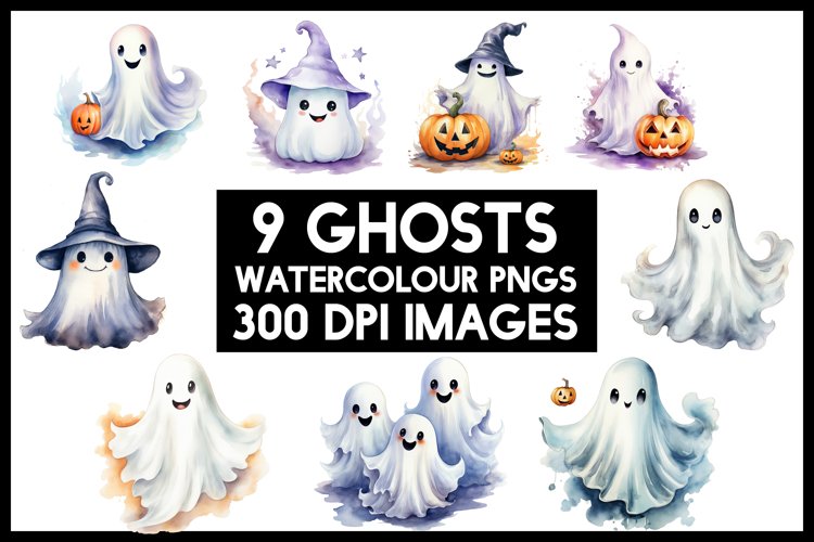 9 Cute Halloween Ghosts Watercolour Clipart Sublimation