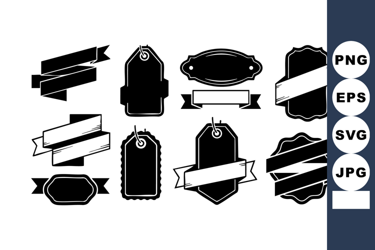 Black vintage label and tag design elements with ribbons and