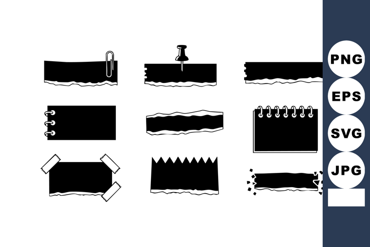 Black sticky note vector set with paperclip, pin, tape, and