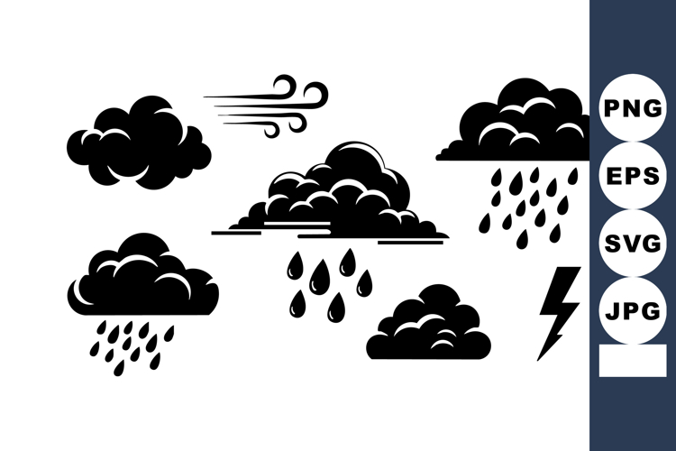 Weather icons set with rain clouds, wind symbol, and lightni