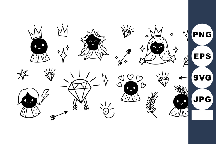 Cute black angel characters with crowns and diamonds in simp