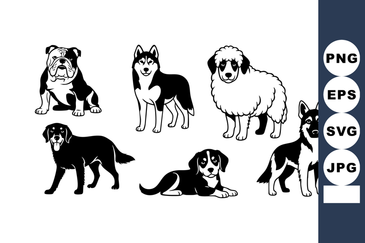 Six different dog breeds black and white vector illustration