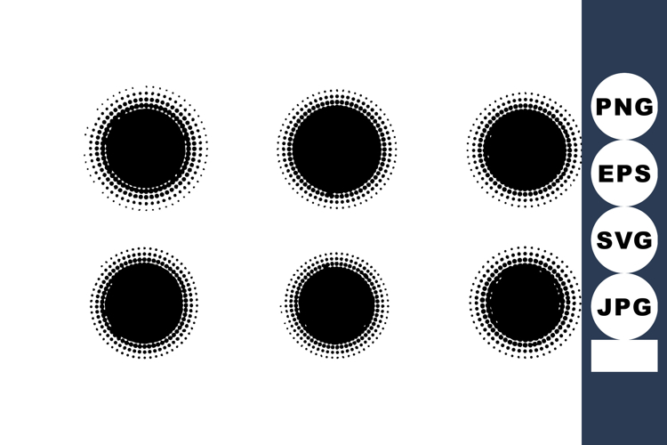 Abstract black halftone circles pattern with dotted edges in