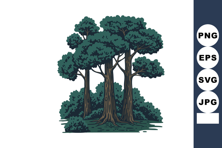 Group of large trees with dense green foliage and surroundin