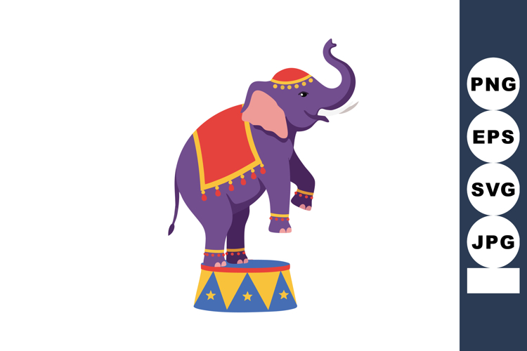 Purple circus elephant balancing on colorful decorated platf