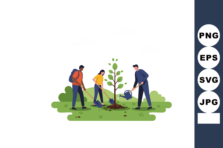 Tree planting activity with diverse group caring for young t