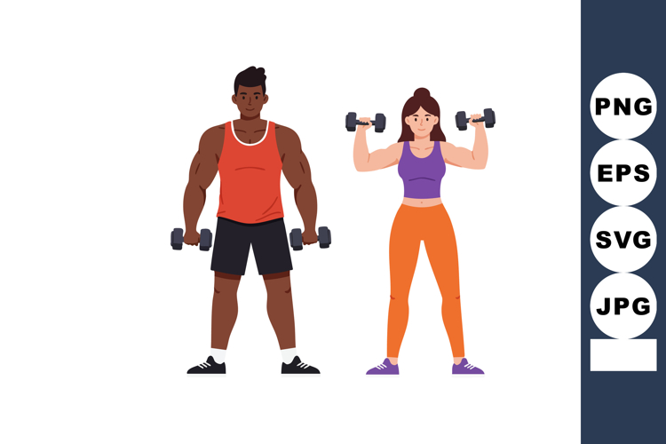 Muscular man and fit woman lifting dumbbells exercising toge