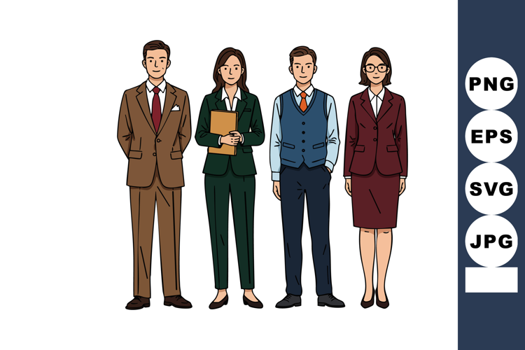 Business professionals standing in formal suits with confide
