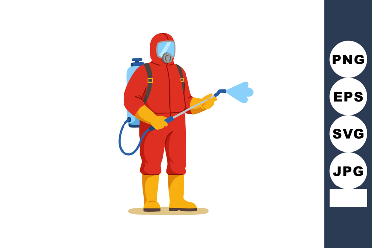Worker in red hazmat suit spraying disinfectant with protect example image 1