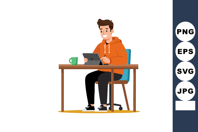 Young man sitting at desk working on tablet with coffee cup