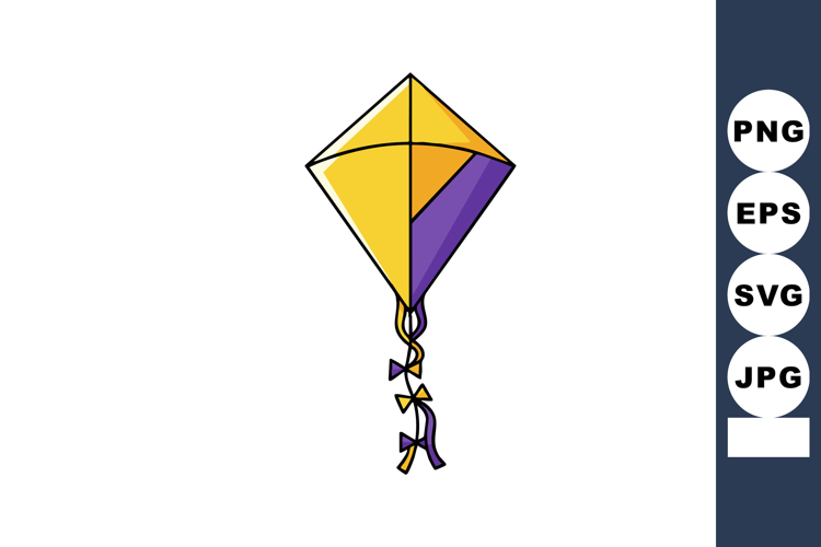 Yellow and purple kite with tail ribbons simple vector graph