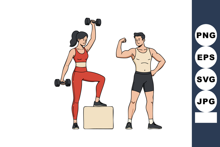 Fitness couple exercising with dumbbells woman in red active
