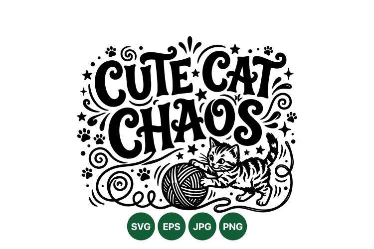 Hand Drawn Cute Cat Playing With Yarn Illustration