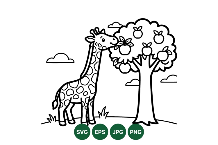 Cute Giraffe Eating Apple Tree Vector Illustration