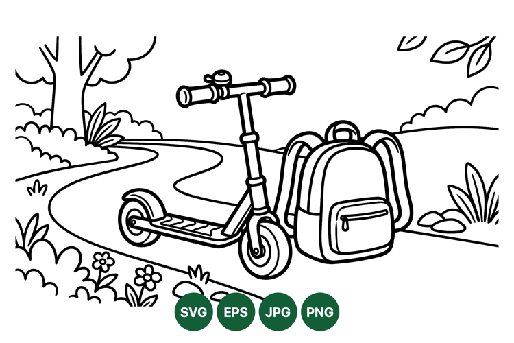 Line Art Kids Scooter and Backpack Outdoor Scene