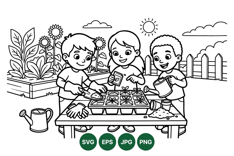 Hand Drawn Kids Gardening Clipart for Crafts