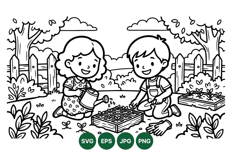 Black Line Art Kids Gardening Clipart Illustration