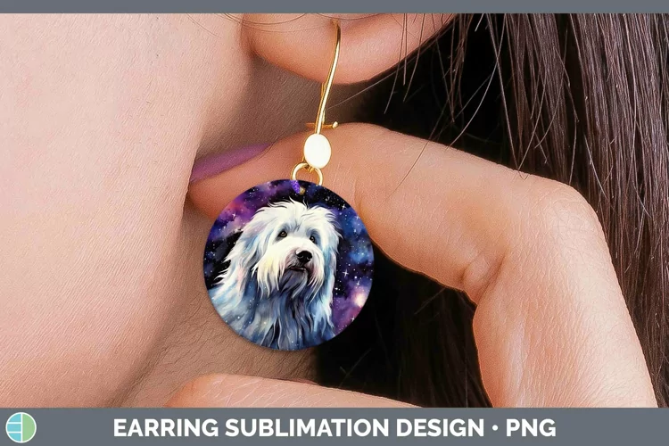 Galaxy Dog Old English Sheepdog Round Earrings Sublimation E
