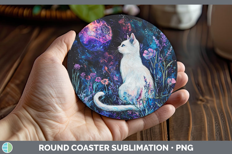 Galaxy White Cat Round Coaster Sublimation Coaster Designs