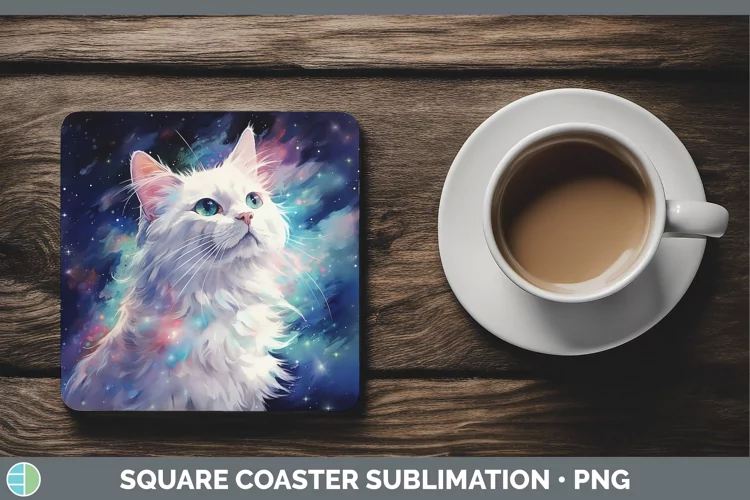 Galaxy White Cat Square Coaster Sublimation Coaster Designs