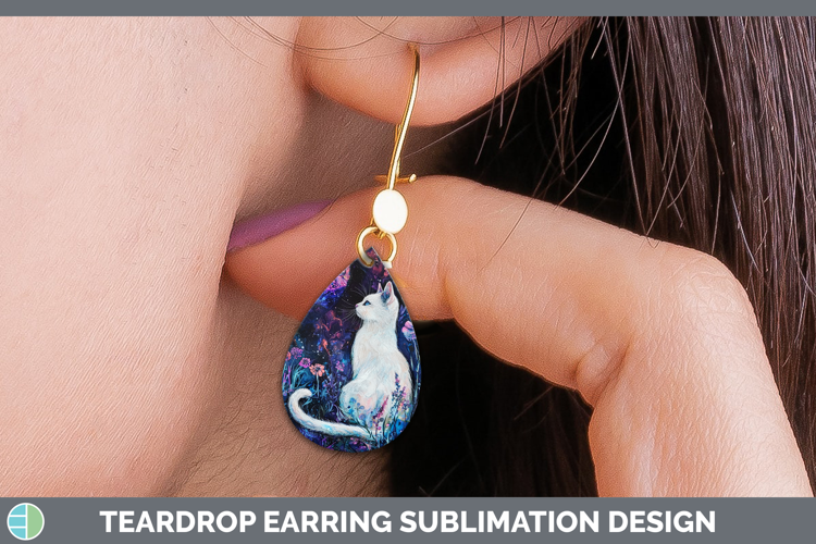 Galaxy White Cat Teardrop Earrings Sublimation Earrings Desi
