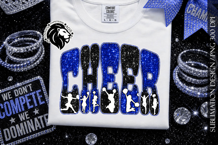 Glitter Sequins Cheer Sublimation Design PNG | Blue Black example image 1