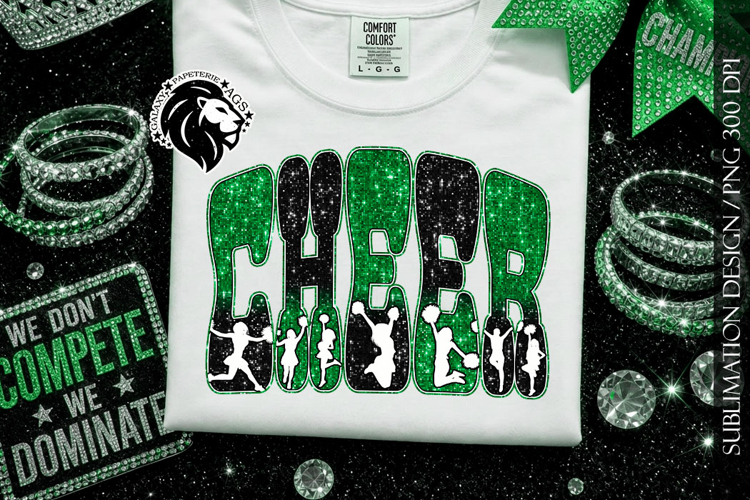 Glitter Sequins Cheer Sublimation Design PNG | Green Black example image 1